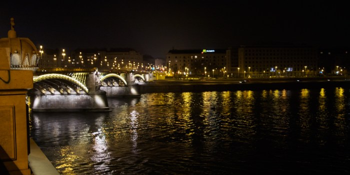 The p McDonald's sign on the roof near the Danube in Budapest Hungary